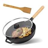 BRIZOLL Gusseisen Pfanne Ø26 cm mit Glasdeckel – Bratpfanne, Steakpfanne, Servierpfanne, Eisenpfanne, Gußeisenpfanne Griff abschraubbar – alle Herdarten: Induktion, Gas, Elektro, Ofen, Grill, Camping