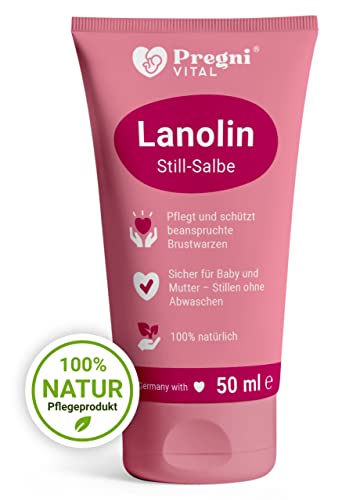 ❤️ 100% Lanolin Brustwarzensalbe - 50ml - PregniVital® Stillsalbe für stillende Mütter bei beanspruchten, trockenen und empfindlichen Brustwarzen - Hypoallergen, ohne Duftstoffe