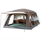 KinZon Campingzelt für 10 Personen, wasserdicht, großes Familienzelt mit 2 Schlafzimmern, 6 großen Netzfenstern, für Picknick, Camping (Braun, 8-10 Personen (410 x 300 x 210 cm))