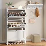 YITAHOME Schuhkipper Schmal mit 3 Klappen, Schuhschrank Schmal mit Garderobe Wandgarderobe mit 5 Haken, Schuhschrank Weiss Schuhkommode für Flur Wohnzimmer Kann hohe Absätze aufnehmen 60 x 25 x 130cm