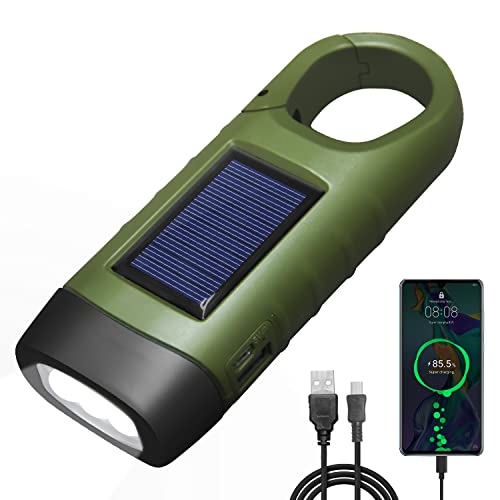 REKALRO LED Taschenlampe USB Aufladbar, Dynamo Taschenlampe für Aufladen Telefon, Solar Wiederaufladbare Taschenlampe mit Wandern Schnalle, Taschenlampe Kurbel für Notfall/Outdoor/Camping