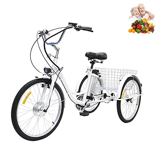 24-Zoll-Elektro-Dreirad für Erwachsene, Hybrid-Dreirad für ältere Menschen, DREI Runden, menschliches Reitgeschenk für Eltern, abnehmbar mit vergrößertem Korb zum Einkaufen Einkaufen(White,36V12AH)