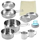 burkfeeg Camping Kochtopf Set,9-Teiligtes Outdoor Camping Kochgeschirr Edelstahl 2-3 Personen Faltbare Outdoor Kochtopf Campinggeschirr Pot Plate, Für Picknick Camping Wandern