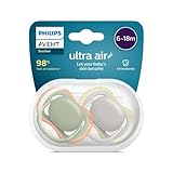 AVENT Ultra Air Schnuller, BPA-freier Schnuller für Babys von 6 bis 18 Monaten, Khaki/Orange und Grau/Gelb, 2er-Pack (Modell SCF085/20)