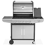 JUSTUS Gasgrill Ares Pro, 5 Hauptbrenner, 1 Seitenbrenner – Grill mit Piezozündung, Unterschrank, Seitentischen, Guss-Grillrost, 133 x 57 x 112 cm, Schwarz/Edelstahl