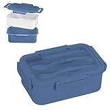 BRYN 1400ml Brotdose mit Fächern, Lunchbox Bento Box Mikrowellengeeignet, Versiegelt Vesperbox mit Besteck für Picknick, Camping, Fitness, Schule, Büros（Blau）