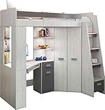 FurnitureByJDM Hochbett mit Schreibtisch, Schubladen, Regalen und Kleiderschrank - 80x200 cm Bettgröße - Rechtsseitige Treppe – ANTRESOLA (Craft White/Graphite)