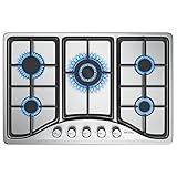 Edelstahl Gaskochfeld, IsEasy Gaskochfeld 5 Flammig mit Automatischer Thermoelementschutz, Einbau Kochfelder Edelstahl 5 Zonen Gaskocher, Erdgas(20mbr)/Propangas(30/50mbr), 76cm, 10.5KW, 220-240V