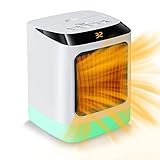 Adoric Mini Heizlüfter - Mobiler, energiesparender Heizlüfter mit 2 Heizstufen (500/800W), Kaltstufe, 7-farbigem LED Nachtlicht und stabilem Tragegriff - Ideal für Schlafzimmer und Büro - Weiß
