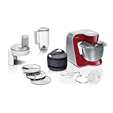 Bosch Küchenmaschine MUM5 CreationLine MUM58720,Edelstahl-Schüssel 3,9 L, Mixer 1,25 L, Planetenrührwerk,Knethaken,Schlag,Rührbesen, Durchlaufschnitzler, 3 Scheiben, 1000 W, Dunkelrot/Silber