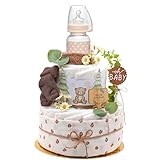 Trend Mama Windeltorte Wald mit Musselintuch,Baby Teeflasche, Spucktuch, Babysocken (Brown)