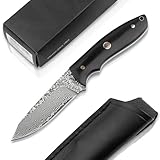Magnum BÖKER Vernery Damast Knife - Jagdmesser mit Leder-Scheide schwarz - Gürtelmesser mit Damaststahl Droppoint Klinge 67 lagig - Damascus Hunting Knife mit Eben-Holz Griff
