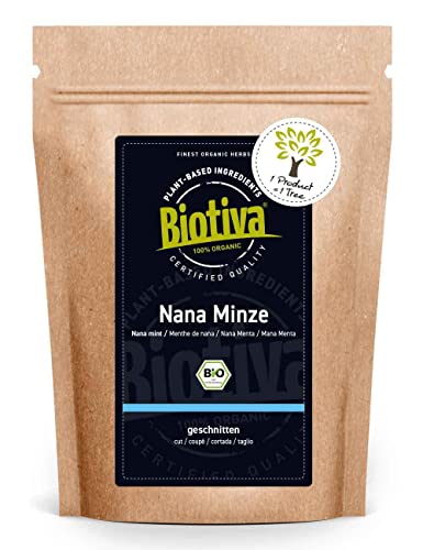 Biotiva Nana Minze Bio 100g - Echte arbische Minze, geschnitten - marokkanische Minze - ohne Füllstoffe - abgefüllt und kontrolliert in Deutschland (DE-ÖKO-005)