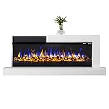 GLOW FIRE Elektrokamin mit Heizung und Kaminfeuer (Wandkamin Edge 36) - elektrischer Kamin mit LED-Feuer in 3 Farben, Heizlüfter, Deko & Fernbedienung - zum Aufhängen an der Wand - 127x61 cm, Weiß