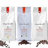 chicco di caffè Trio 3 Kilogramm Probierpaket mit Bio Espresso Urubamba, Bio Espresso Sumatera und Espresso Horizonte je 1000g ganze Bohnen