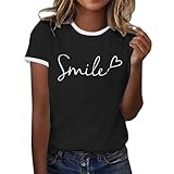 2025 Frühlingsmode Damen Casual Blumendruck Kurzarm T-Shirt Bluse Top Bluse Schwarz Damen Elegant (Black, S)