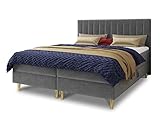 Boxspringbett Gold mit 2 Bettkästen und Topper - Doppelbett, Bonell-Matratze, Polsterbett, Bett mit Matratzentopper, Schlafzimmer, Velours Stoff (Grau (Manila 16), 160 x 200 cm)