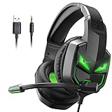 EKSA Fenrir Gaming Headset, Headset mit Mikrofon für PS4 PS5 Xbox one PC Mac Laptop, 3D Surround Sound Kopfhörer mit Noise Cancelling Mic, Grünes Licht, 3,5mm Audio Klinke, Schwarz