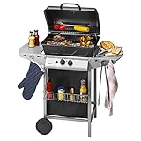 Clatronic® Gasgrill mit 2 Heizzonen | individuelle Temperatursteuerung | inkl. Grillrost + Warmhalterost | Grill mit praktischem Ablagekorb und großem Stauraum für Gasflasche | GG 3590