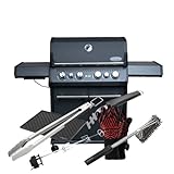 SANTOS Gasgrill S-418 Mattschwarz Limited Edition - 4 Hauptbrenner, 800 °C Grillzone - Komplettset - magnetischer Drehspieß, Silikonablage, Rostheber, Grillzange, Grillbürste, Grillhandschuhe