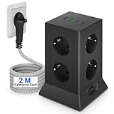 Steckdosenturm mit USB C,8Fach Mehrfachsteckdose mit Schalter,Steckdosenleiste Überspannungsschutz Flachstecker mit 2M Kabel für Büro und Heim, Mehrfachstecker Steckdosenadapter, Schwarz