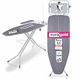 EUROGOLD® XXL Bügelbrett 130x48cm [INKL. ABLAGE & ÄRMELBRETT] - Bügelbrett für Dampfbügelstation (Made in Europe) - Bügelbrett mit Steckdose - Bügeltisch Ironing Board - Stabil & Höhenverstellbar