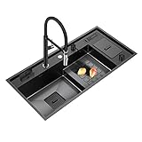 Schwarze Nano-Edelstahl-Küchenspüle, Einbauspüle, Arbeitsplatte und Untertisch-Theke, abgestuftes Design mit Mülleimer, 100 x 48 x 22 cm, langlebig und stilvoll für moderne Küchen