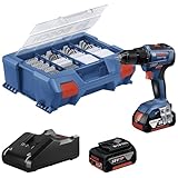 Bosch Professional 18V System Akku Bohrschrauber GSR 18V-55 (max. Drehmoment 55 Nm, 1.800 min⁻¹, inkl. 2x 4.0Ah Akku, Ladegerät GAL 18V-20, 82-teiliges Zubehör-Set, L-Case Pick & Click)