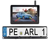 Lescars Rückfahrkamera: Solar-Funk-HD-Rückfahrcam Nummernschildhalter, Monitor, Abstandswarner (Rückfahrkamera nachrüsten, Nummernschild Solar, Video Rückfahrsystem)