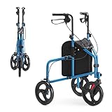 HEAO Dreirad Rollator Schmal für Wohnung, Aluminium Mit 3 Rädern, Faltbar Gelände-Gehwagen, Leicht Gehhilfe Mit Abnehmbarer Tasche für Drinnen Und Draußen, Blau