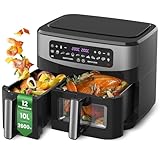 Doppelter Heißluftfritteuse mit Sichtfenster, 10L(4Lx6L) XXL 2600W Kapazität Doppel Airfryer, 12-in-1 Programme, Air Fryer mit Touchscreen, Gesunde Öl- und Fettarme Zubereitung - Cooki G10 Max