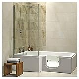 Badewanne mit Tür, Seniorenbadewanne 170x85/70x53cm mit Duschkabine,Wannenschürze und Ablauf/Sifon, Ausführung LINKS