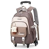 Amythe Schulrucksack Trolley für Mädchen, Teenager Rucksack Schule mit Rollen, Abnehmbar Trolley Schulranzen für Grund- und Sekundarschüler, Daypack für Reise mit 6 Räder，36L -Braun