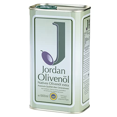 Jordan Olivenöl - Natives Olivenöl Extra von der griechischen Insel Lesbos - traditionelle Handernte - Kaltextraktion am Tag der Ernte - Kanister im traditionellen Retro-Design mit Ausgießer - 1,00 Liter