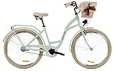 Goetze Style 26 Zoll Damen Citybike, Tiefeinsteiger, 1-Gang, Rücktrittbremse, LED-Beleuchtung, Gepäckträger, Komfortsattel, Schutzbleche, Rattankorb mit Stoffeinsatz, Hollandrad für Stadt & Einkauf!