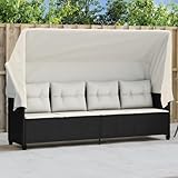 IKAYAA Loungebett Outdoor mit Liegefunktion, Balkonsofa 3 Sitzer mit Dach, Gartensofa Polyrattan, Gartenbett, Liegesofa, Relaxliege, Sonnenliege mit Dach Schwarz und Creme