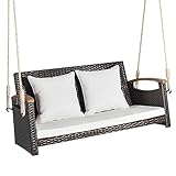 HAPPYGRILL 2-Sitzer Hängeschaukel Outdoor PE Rattan Hängeschaukel mit gebogenen Armlehnen aus Akazienholz, gepolsterte Kissen, Veranda-Schaukelbank, perfekt für Terrasse, Gartendeck, 362,9 kg