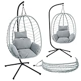 STEELSØN Hängesessel mit Gestell Alarian, höhenverstellbar und faltbar, Balkonsessel Outdoor und Indoor, Korbhängesessel aus Polyrattan mit Kissen hellgrau/grau