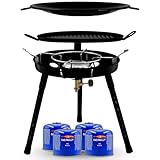 Gas Bullet ® Gasgrill mit Pfanne & Wok + 4 Kartuschen (450g) | für Schraubgaskartuschen | Auseinanderschraubbar | Campinggrill, Party-Grill für Camping, Festivals & Outdoor (Gaskocher + 4 Kartuschen)