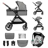 Kinderkraft ESME Kinderwagen 3 in 1 komplettset bis 26 kg, Kombikinderwagen reisesysteme mit Babyschale I-size 40-75 cm, Zusammenklappen, Liegeposition, Grau