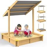 Spielwerk® Sandkasten Fritzi Sonnendach 140x140x120cm Naturholz Fichtenholz UV-Schutz Sandbox UV50+ Kantenschutz Bodenvlies Sandspielzeug Kinder