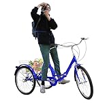 pochcicou Dreirad für Erwachsene, 24 Zoll 7 Speed Klapprad Dreirad mit Korb Rückenlehne, Höhenverstellbar 95,5-103 cm, Duales Bremssystem, für Erholung, Einkaufen, Blau