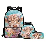 COEQINE Highland Cow Rucksäcke für Mädchen, Schule, Grundschüler, Alter 8–10 Jahre, ästhetischer Reiserucksack, große Kapazität, Laptop-Büchertasche mit Lunchbox, Set 3, Highland Cow Floral
