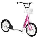 HOMCOM Roller Kinderroller mit Luftreifen Handbremse, 16 Zoll Tretroller Höhenverstellbar Kickscooter für Jungen und Mädchen 5-12 Jahre Kickboard Cityroller Kinder Scooter Rosa