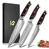 SANHUI 3er Damastmesser Set,Küchenmesser Set aus 67 Lagen Damaststahl mit Pakkaholzgriff,Profi Damast Messer Set in Geschenkbox – Ideal für Profiköche und Hobbyköche
