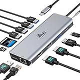 Docking Station USB C Laptop Dockingstation Triple Display 13 in 1 Adapter mit 2 HDMI, DisplayPort, USB3.0, USB2.0, 100W PD, Ethernet, SD/Micro SD Kartenleser, 3.5mm Audio/Mic,USB C Hub für Dell/HP