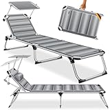 KESSER® Sonnenliege Sun mit Dach Gartenliege Liegestuhl klappbar Sonnendach Verstellbarer Rückenlehne, ergonomisch, gepolsterter Liegefläche, Aluminium Liege Gartenstuhl tragbar Strandliege, Grau