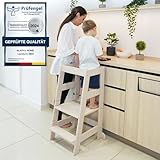 Alavya Home® Lernturm Montessori NEO - Stehhilfe für Kinder | Hocker Küchenhelfer, Kippschutz aus Buchenholz Höhenverstellbar | Learning Tower | ab 1 Jahr bis 70 Kilo belastbar - Beige/Greige