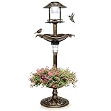 GYMAX Vogeltränke stehend, Vogelbecken mit Solarlampen, beleuchtete Futterspender mit Blumenkübel & befüllbarem Ständer, Vogelfutterstelle stehend, Futterstation für Balkon & Garten (Bronze)