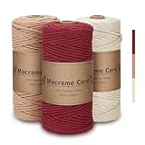VORHOT Makramee Garn 3mm x100m, Makramee Garn Set Rot, Baumwollgarn 3mm, Baumwollkordel Natur, Baumwoll Bastelschnur für Basteln Stricken Boho Deko Wandbehang Dekoration